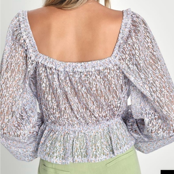 Lulus Lavender Floral Lace Balloon Sleeve Faux Wrap Peplum Top - Picture 2 of 8